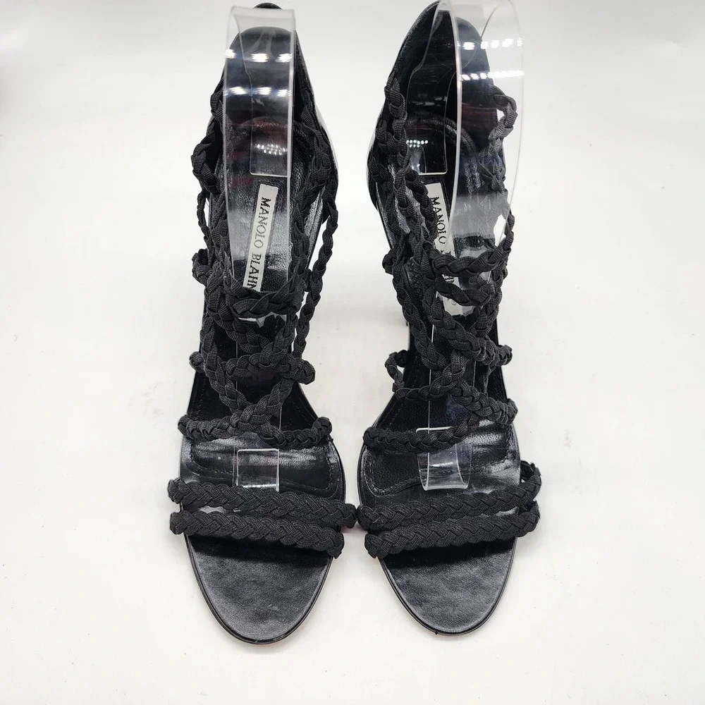 Manolo Blahnik Braided Gladiator Sandal Heels in Black Cotton Women's 39 Strappy